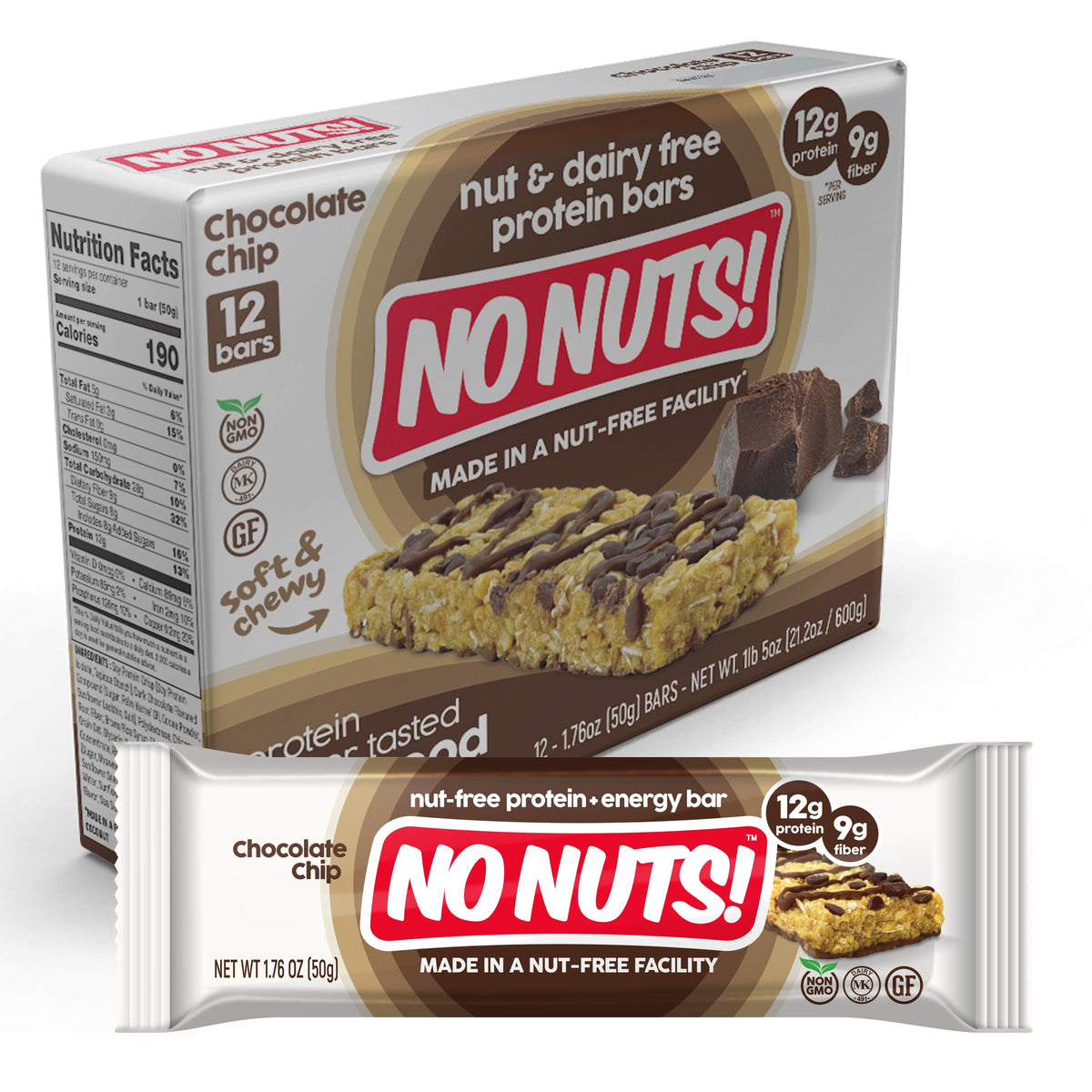 No Nuts! Chocolate Chip Protein Bar packshot highlights nut-free recipe and protein boost