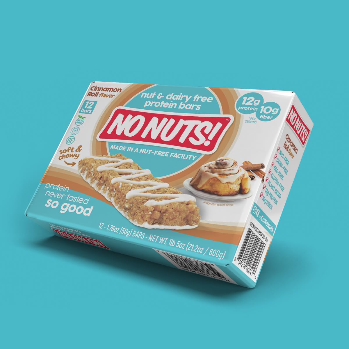 No Nuts! Cinnamon Roll bar ingredients list emphasizes organic, vegan, and non-GMO quality.
