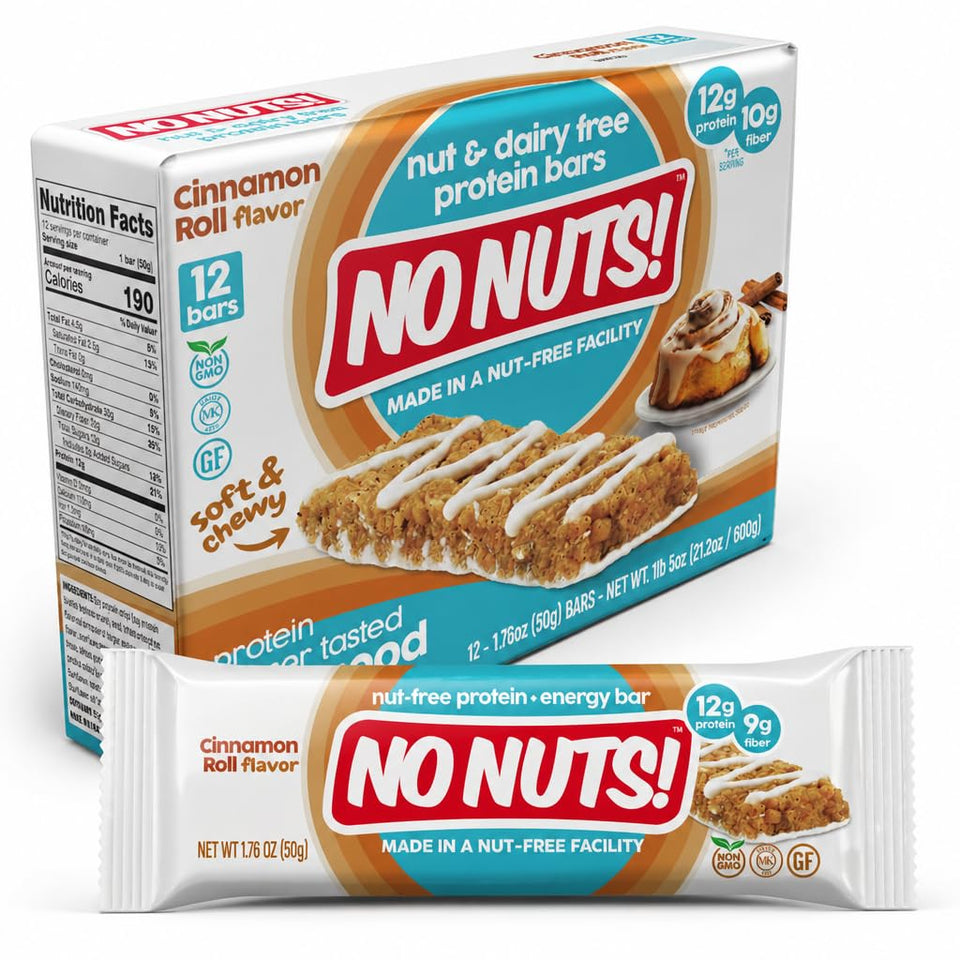 No Nuts! Cinnamon Roll bar packaging showcases nut-free, school-safe snack option.
