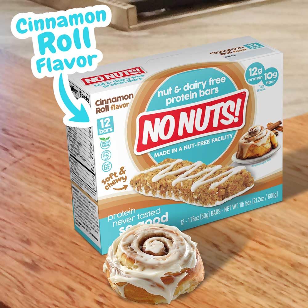 No Nuts! Cinnamon Roll bar vegan certification appeals to plant-based diets.