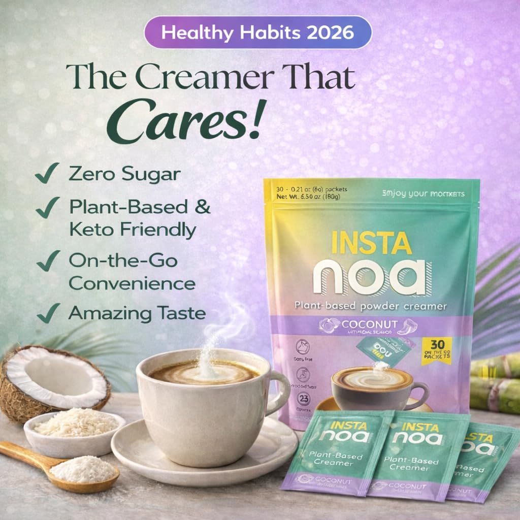 NOA Powder Coffee Creamer coconut almond blend highlighted as rich flavor