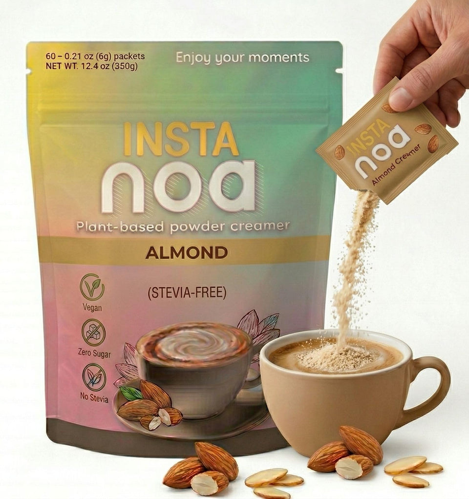 NOA Powder Coffee Creamer packaging shows dairy free coconut and almond blend for on the go use