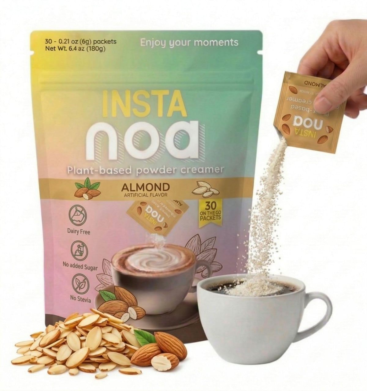 NOA Powder Coffee Creamer packaging highlights plant-based dairy-free formula