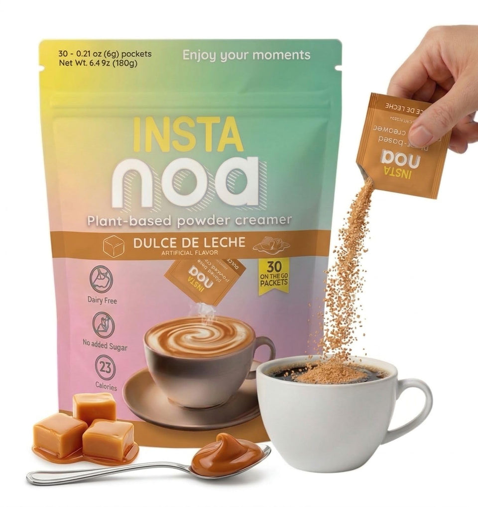 NOA Powder Coffee Creamer sachet ready to mix into hot coffee for a dairy-free indulgence.