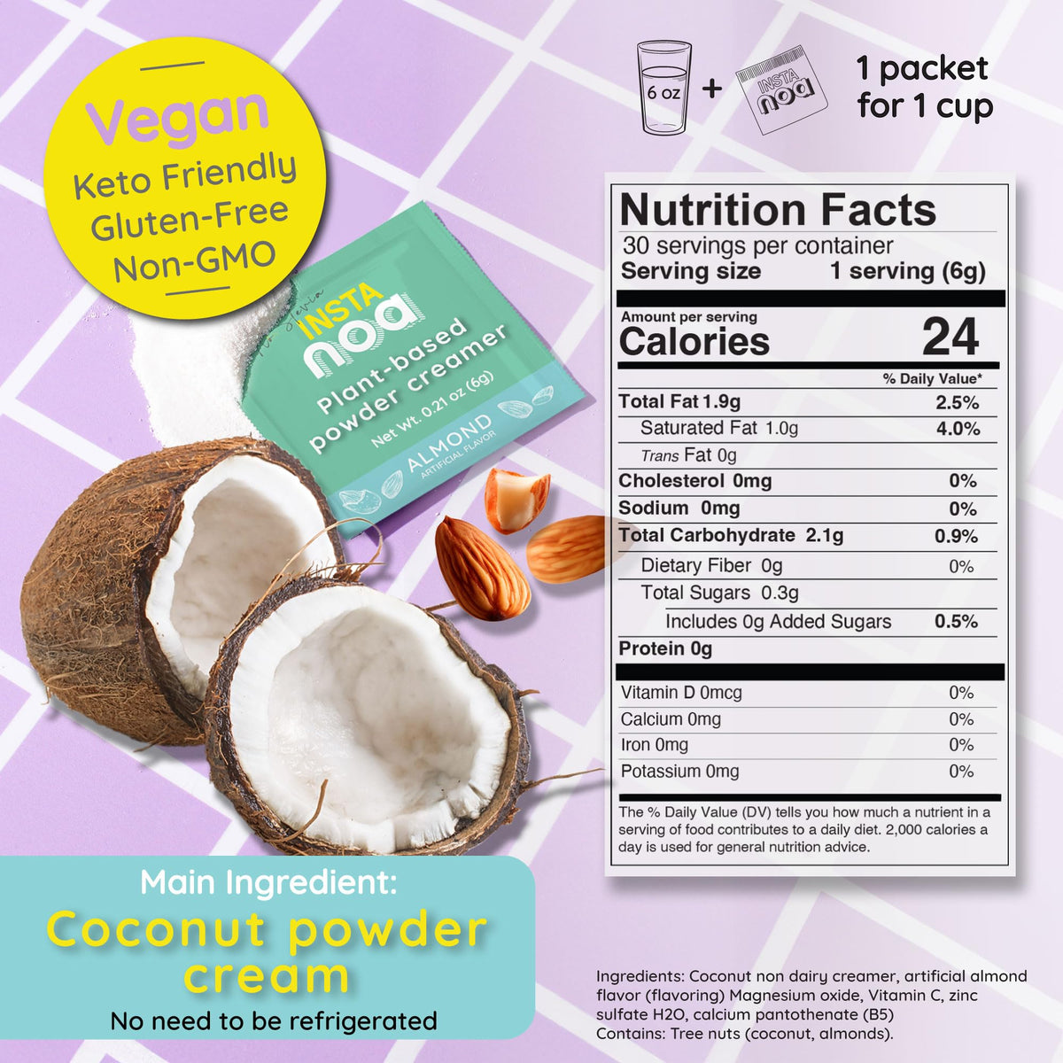NOA Powder Coffee Creamer offers a smooth coconut and almond texture for hot or cold coffee