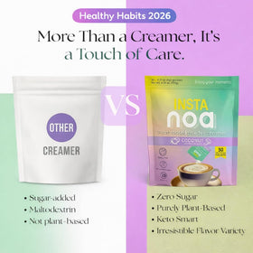 Close-up of NOA Powder Coffee Creamer texture highlighting smooth coconut-almond cream.