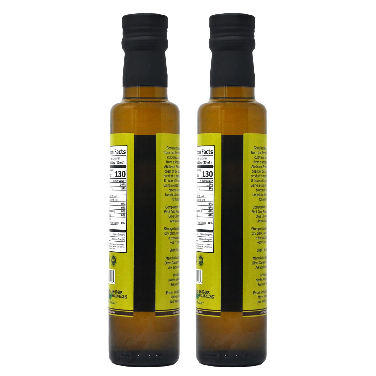 Noah`s Ark olive oil bottle close-up showing premium labeling.