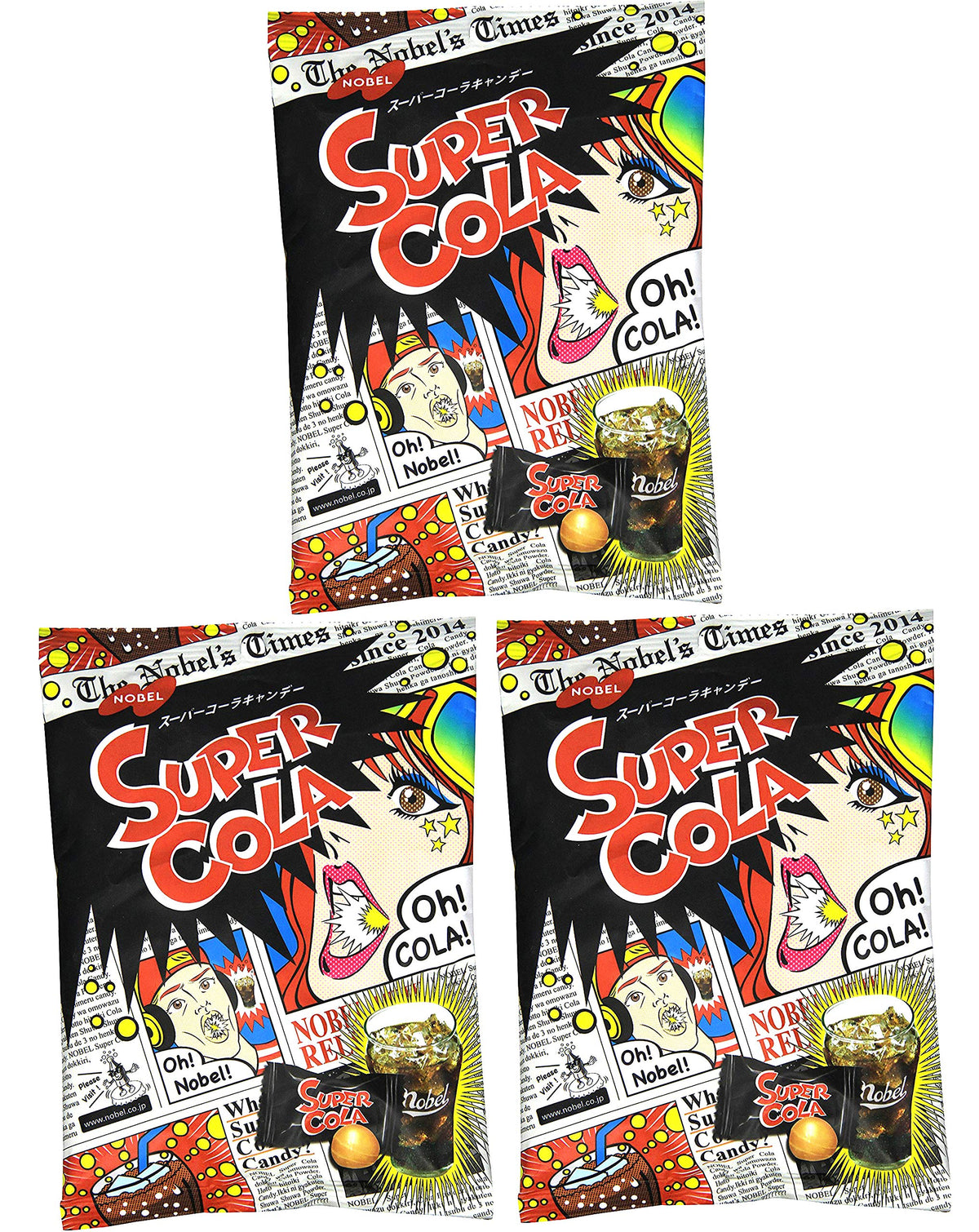Nobel Super Cola Candy 3.1oz pack with three bags for sharing and on-the-go snacking