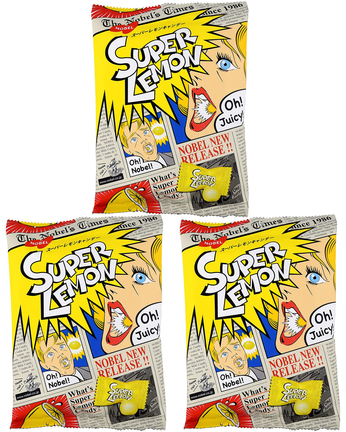 Nobel Super Lemon Candy pack displaying three portable, individually wrapped bags.