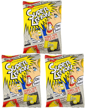 Nobel Super Lemon Candy pack displaying three portable, individually wrapped bags.