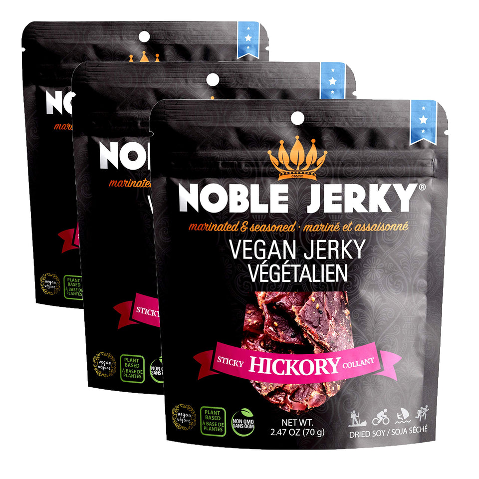 Noble Jerky hickory flavor bag highlights a high-protein vegan snack for on-the-go fueling.