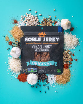 Noble Jerky Original bag back nutrition panel confirms Non-GMO ingredients.