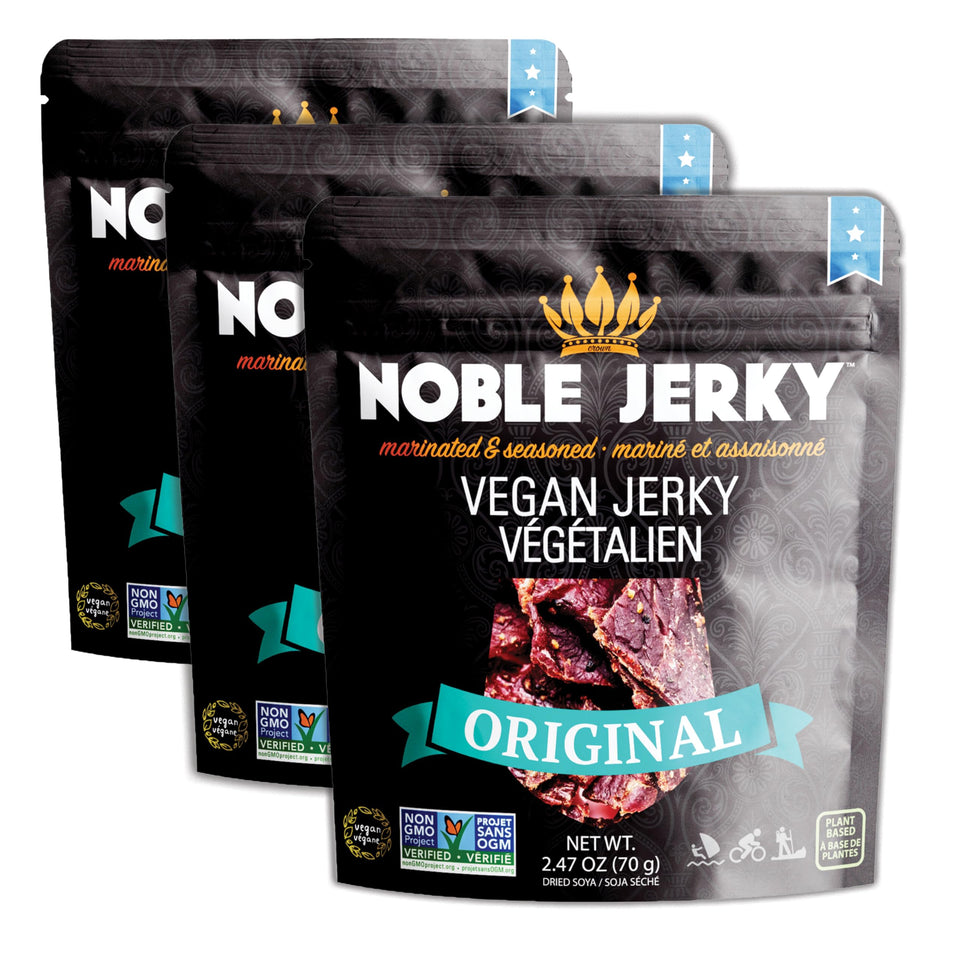 Noble Jerky Original pack front showcases vegan protein for active lifestyles.