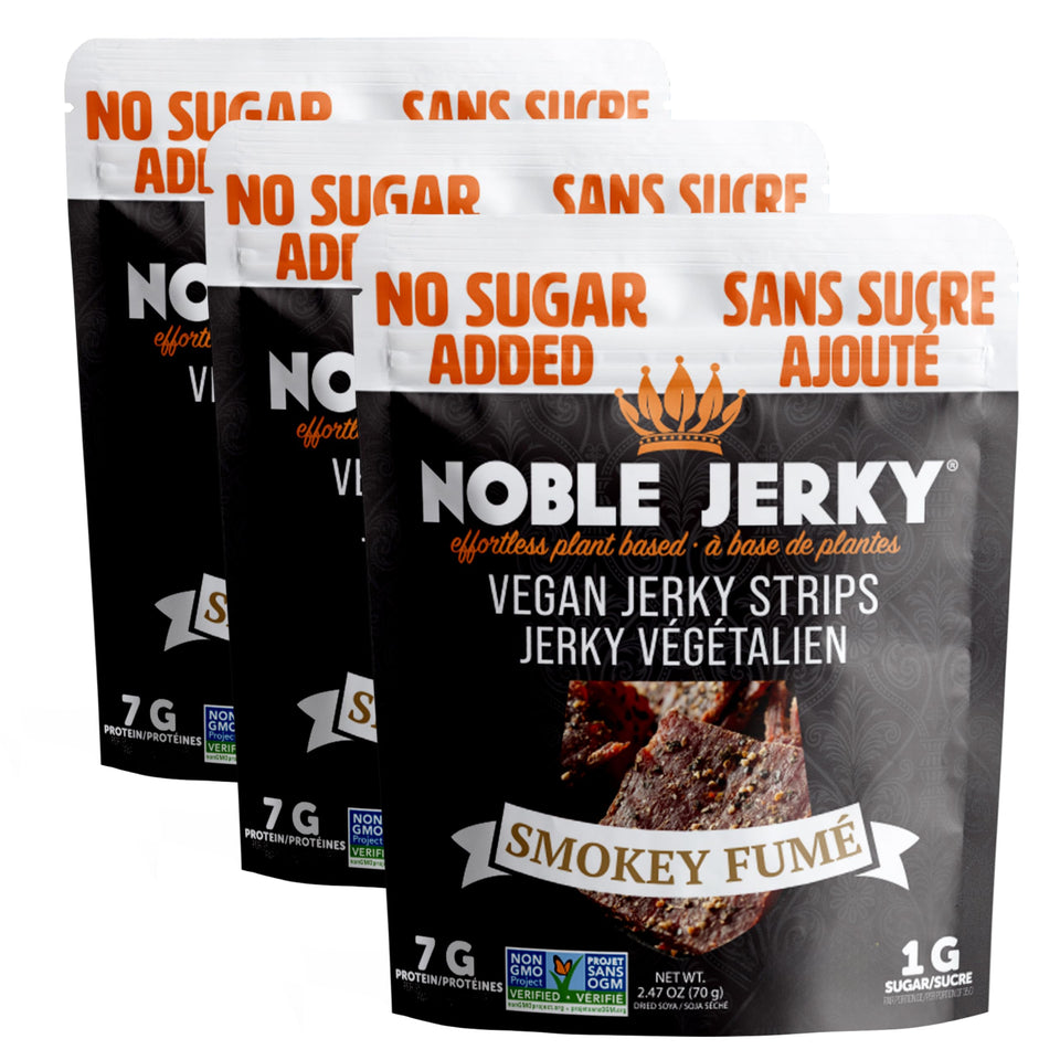 Noble Jerky smoky vegan jerky pack offers a protein-rich plant-based snack on the go
