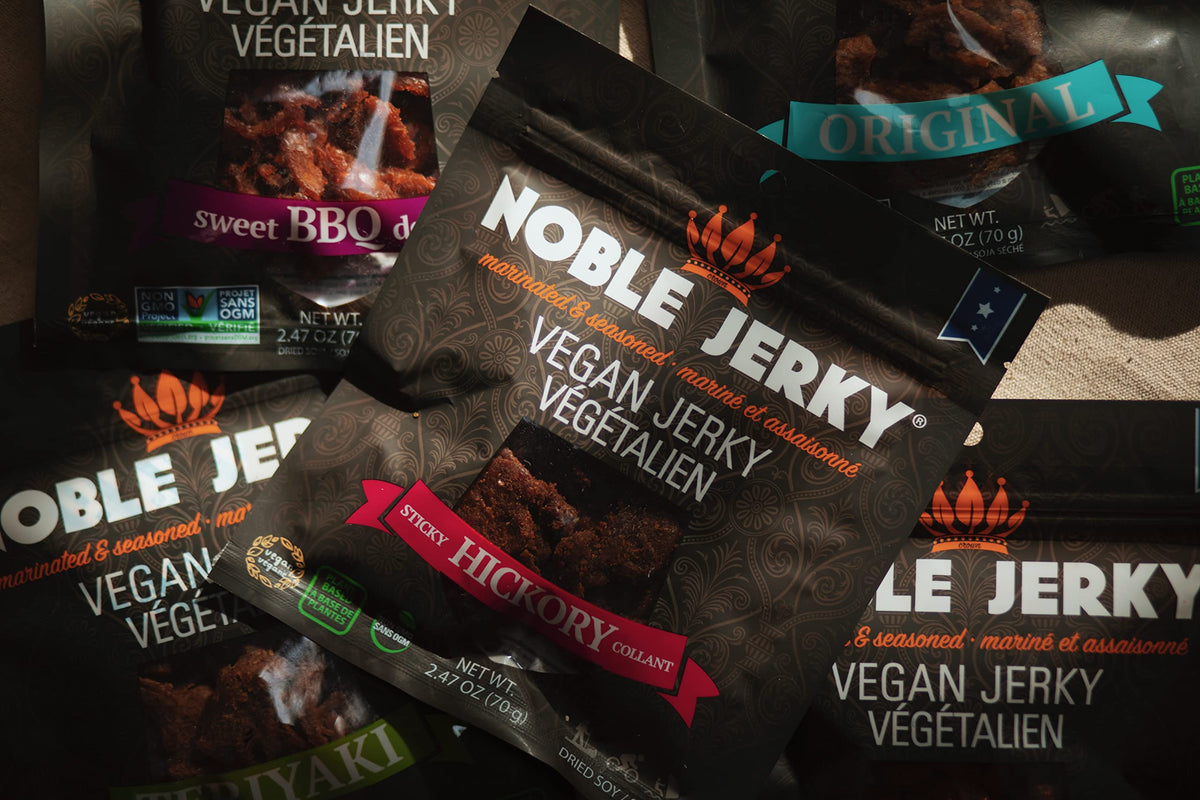 Noble Jerky natural plant-based protein with smoky aroma enhances snack time.