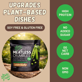 Noble Plate Meatless Crumbles browning in a pan provides meat-like texture.