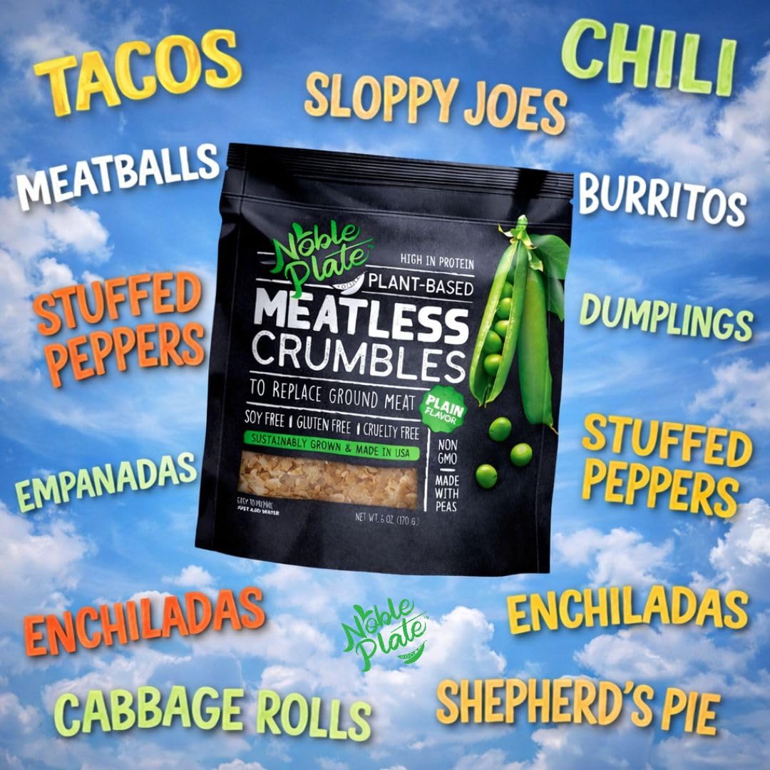 Close-up of pea protein base on Noble Plate crumbles, gluten-free and non-GMO.