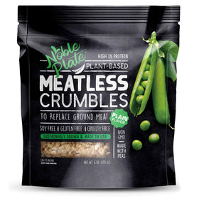 Noble Plate Meatless Crumbles 3-pack packaging offers a soy-free protein option for quick meals.