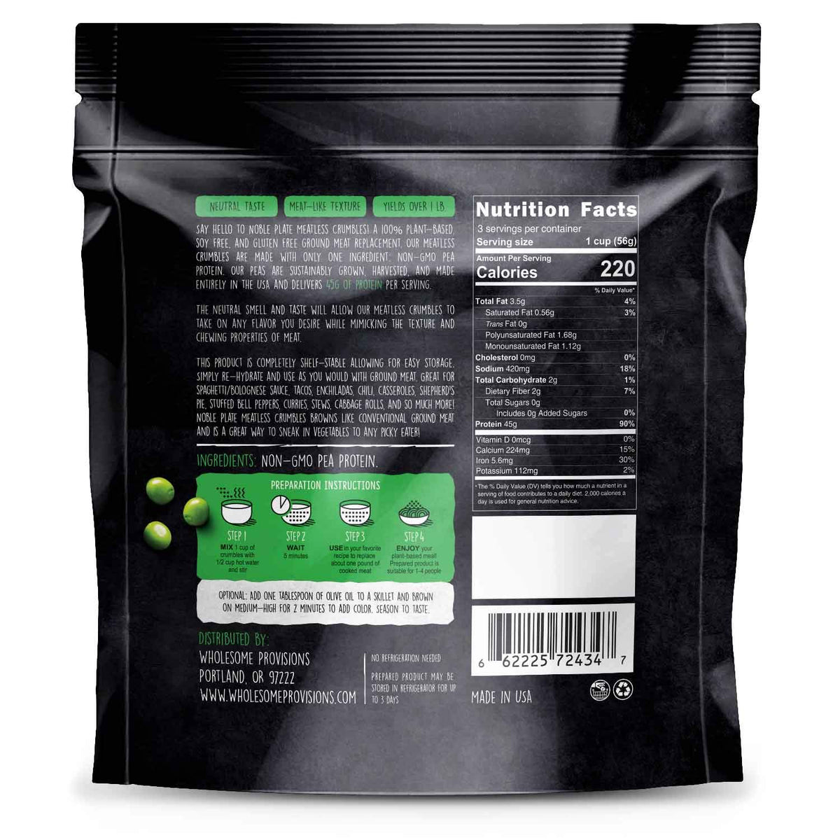Noble Plate Meatless Crumbles plain flavor accepts any seasoning.