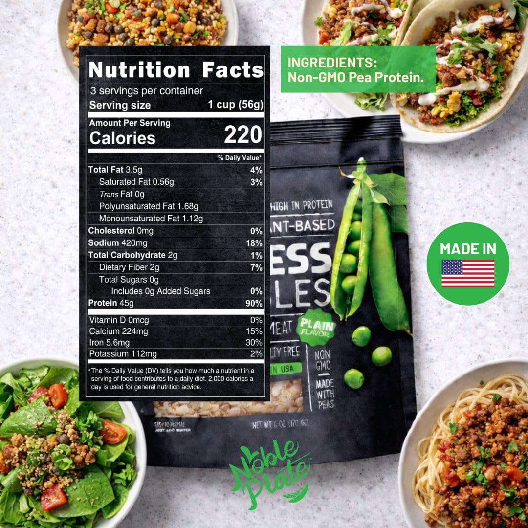 Noble Plate Meatless Crumbles USA-grown pea protein for clean energy.