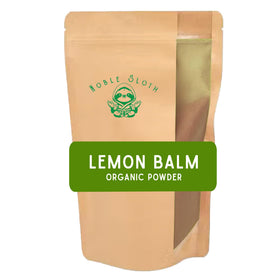 Noble Sloth lemon balm powder stirred with honey for a soothing drink.