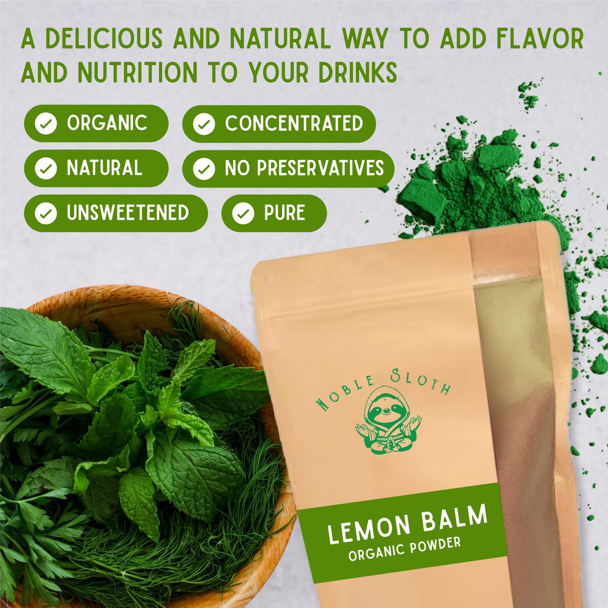 Noble Sloth lemon balm powder package highlighting organic and vegan purity.