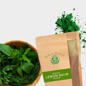 Noble Sloth lemon balm powder being stirred into water for tea.