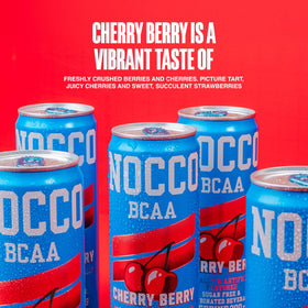 NOCCO BCAA Cherry Berry can with glass and splash, sugar-free energy