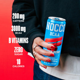 Cherry Berry flavor label close-up highlighting vitamins and BCAA benefits