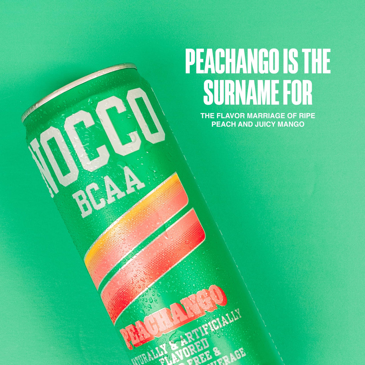 NOCCO Peachango BCAA glass with ice, highlighting zero sugar, refreshing drink