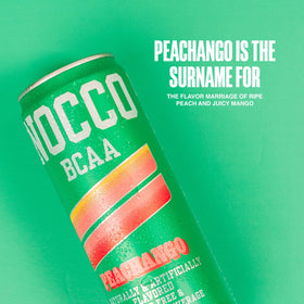 NOCCO Peachango BCAA glass with ice, highlighting zero sugar, refreshing drink