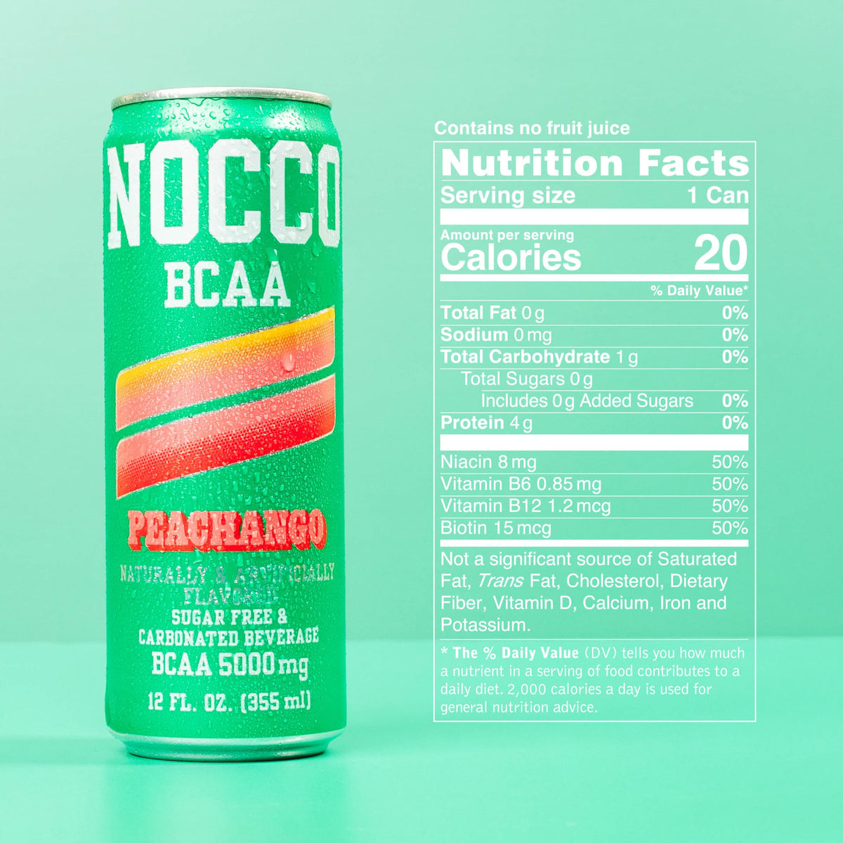 NOCCO Peachango BCAA nutrition label with vitamins B6, B12, and biotin