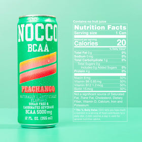 NOCCO Peachango BCAA nutrition label with vitamins B6, B12, and biotin