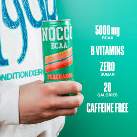 NOCCO Peachango BCAA pack of 12 cans on display for on-the-go hydration