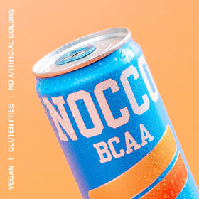 NOCCO Blood Orange drink highlighting BCAAs after workouts.
