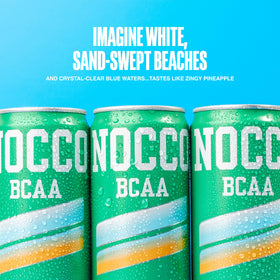 Close-up of NOCCO BCAA sugar-free drink showing zero sugar and low calories.