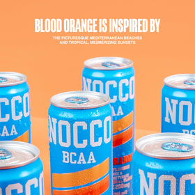 Close-up of a NOCCO Blood Orange can with visible branding.