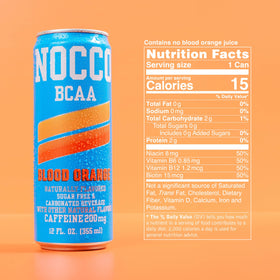NOCCO Blood Orange label emphasizing nutrition and vitamins.