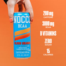 NOCCO Blood Orange 12-pack displayed on a shelf for grab-and-go energy.