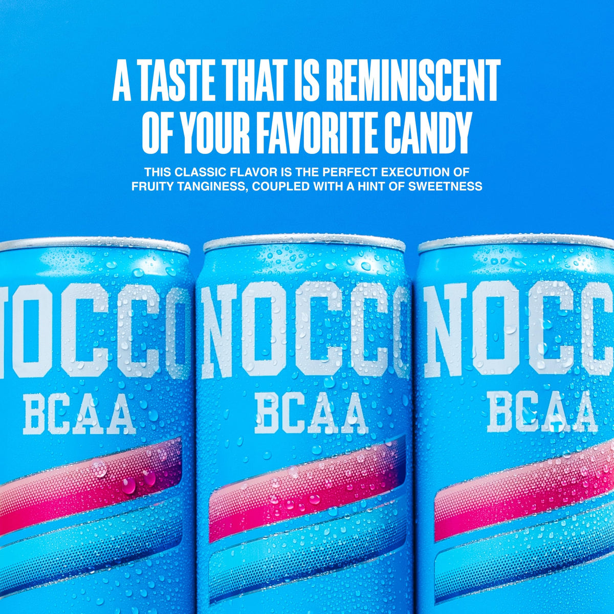 Close-up of NOCCO Blue Raspberry label showing BCAAs and vitamins