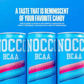 Close-up of NOCCO Blue Raspberry label showing BCAAs and vitamins