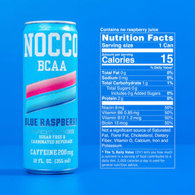 Pouring NOCCO Blue Raspberry into a glass with fizz and color