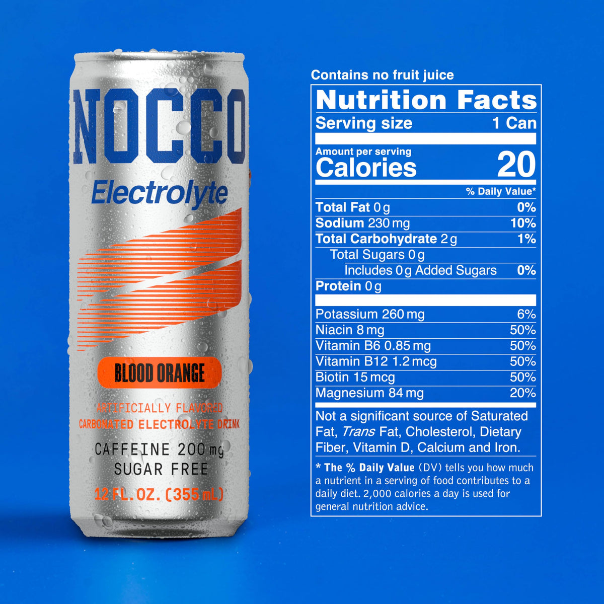 NOCCO Electrolyte Blood Orange can pour captures crisp, sugar-free energy on the go