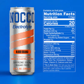 NOCCO Electrolyte Blood Orange can pour captures crisp, sugar-free energy on the go