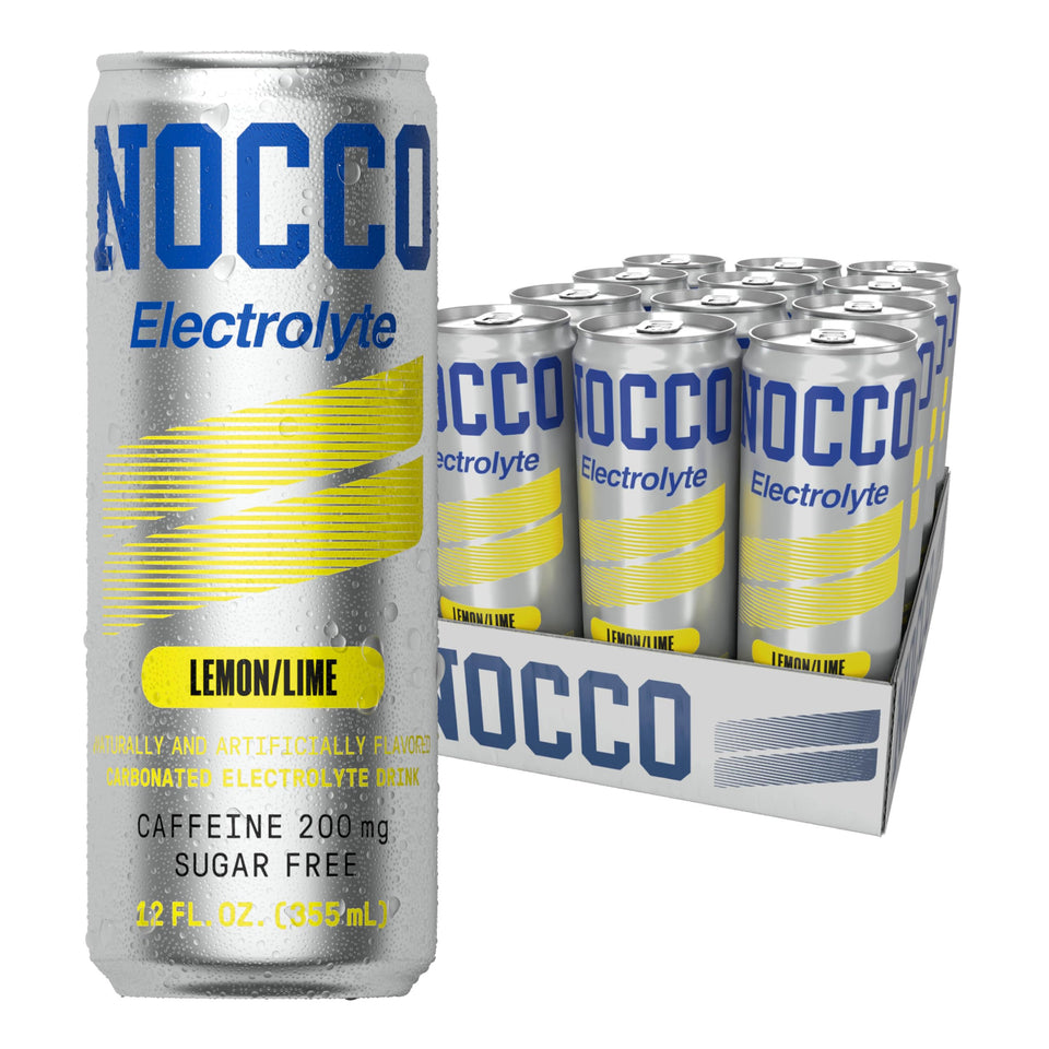 NOCCO Electrolyte Lemon/Lime can closeup showing sugar-free energy for workouts