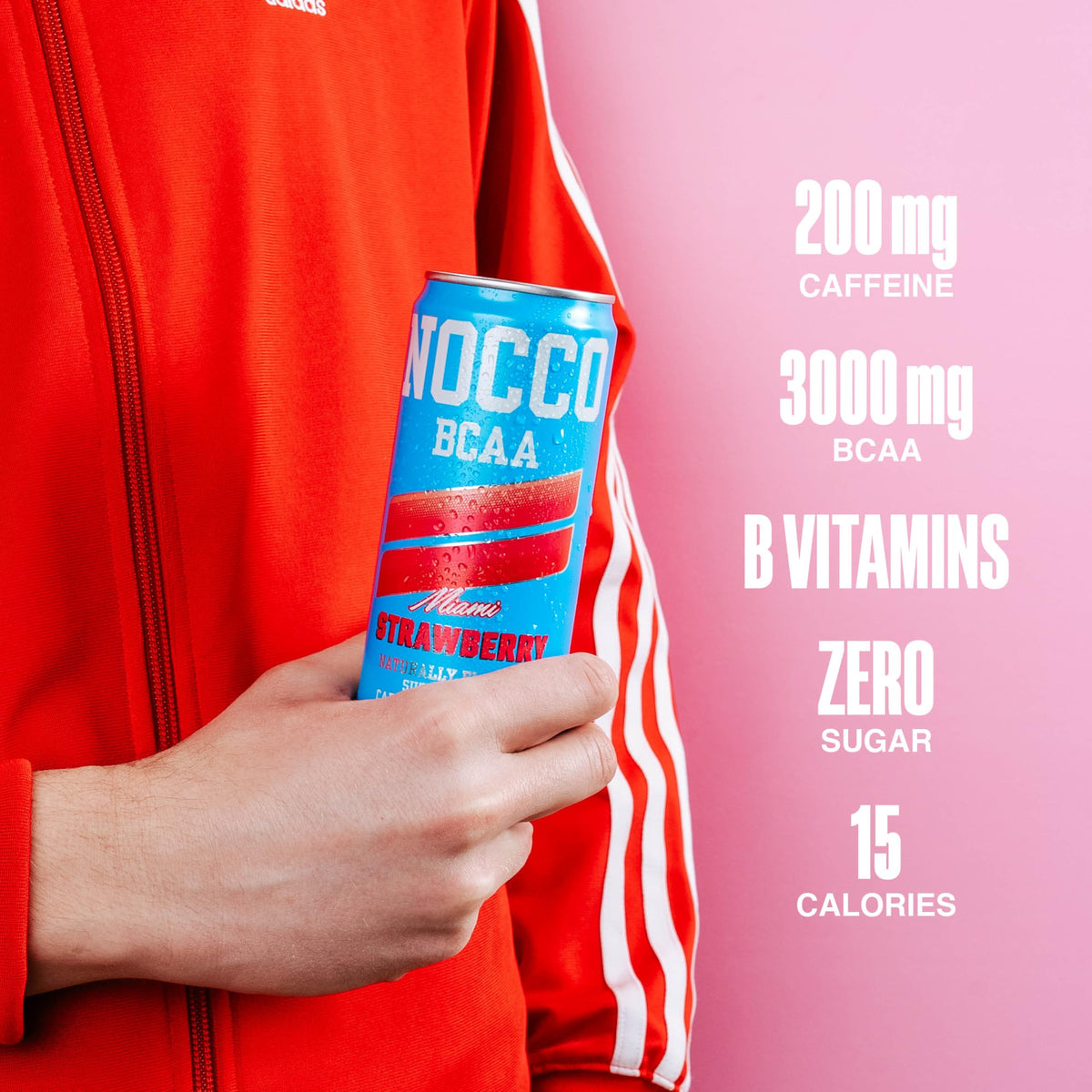NOCCO Miami Strawberry BCAAs label notes post-workout refreshment and vitamins.