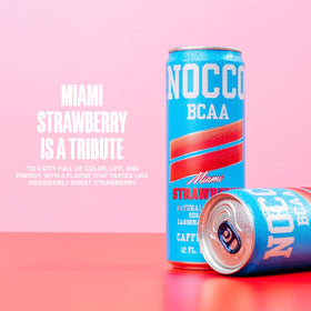 NOCCO Miami Strawberry can close-up highlighting zero sugar and low calories.