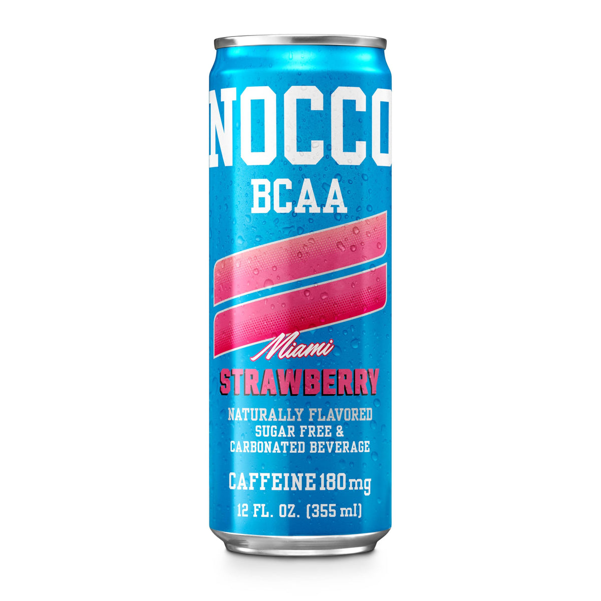 NOCCO Miami Strawberry opened can pouring sparkling energy into a glass.