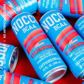 NOCCO Miami Strawberry 12-pack display promotes grab-and-go energy.