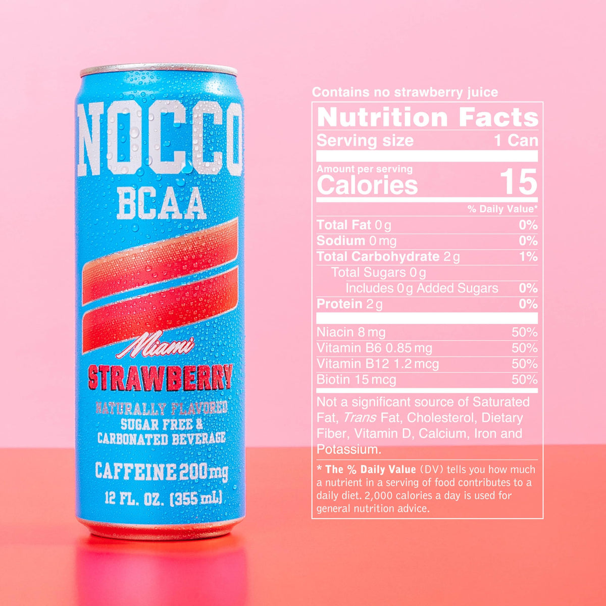 NOCCO Miami Strawberry vitamin badge emphasizes B vitamins and biotin benefits.